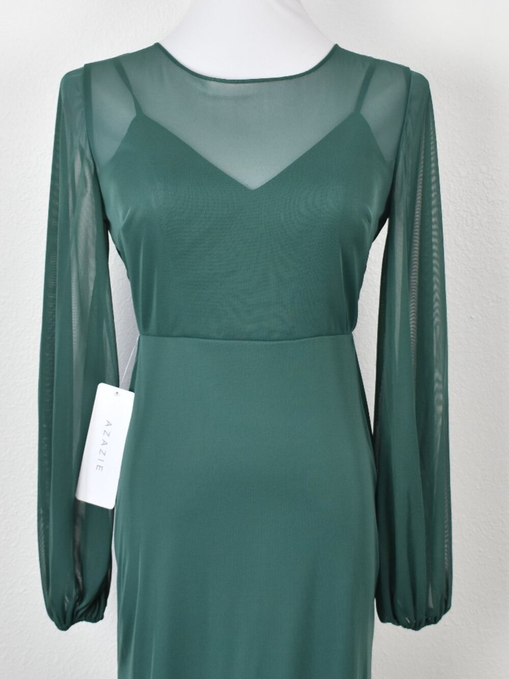 Azazie DENALI Dark Green Long Sleeve Mesh Dress NEW - 6 - Picture 2 of 12